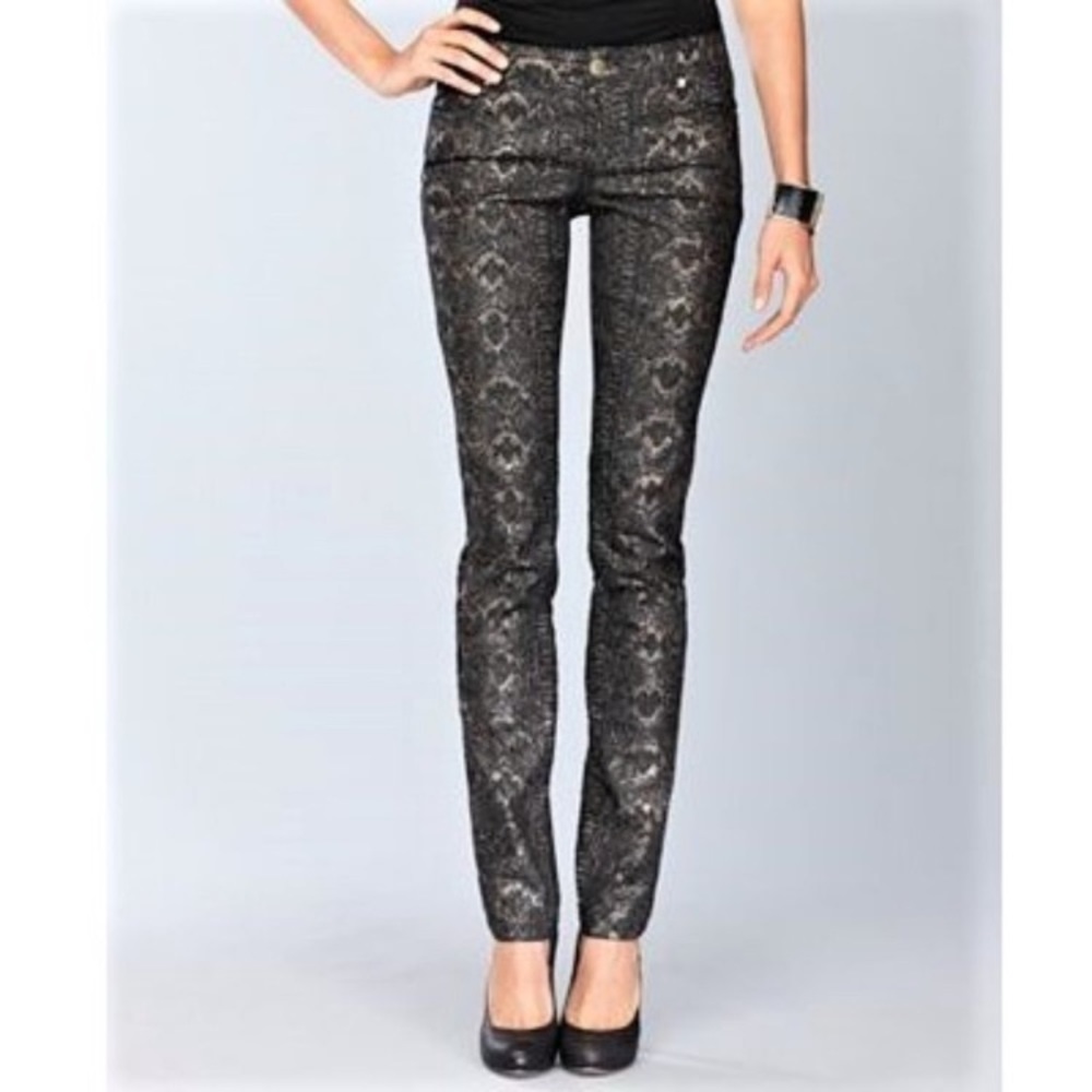 *INC International Concepts Petite Black Foil Gold Snakeskin Skinny Jeans #Gr